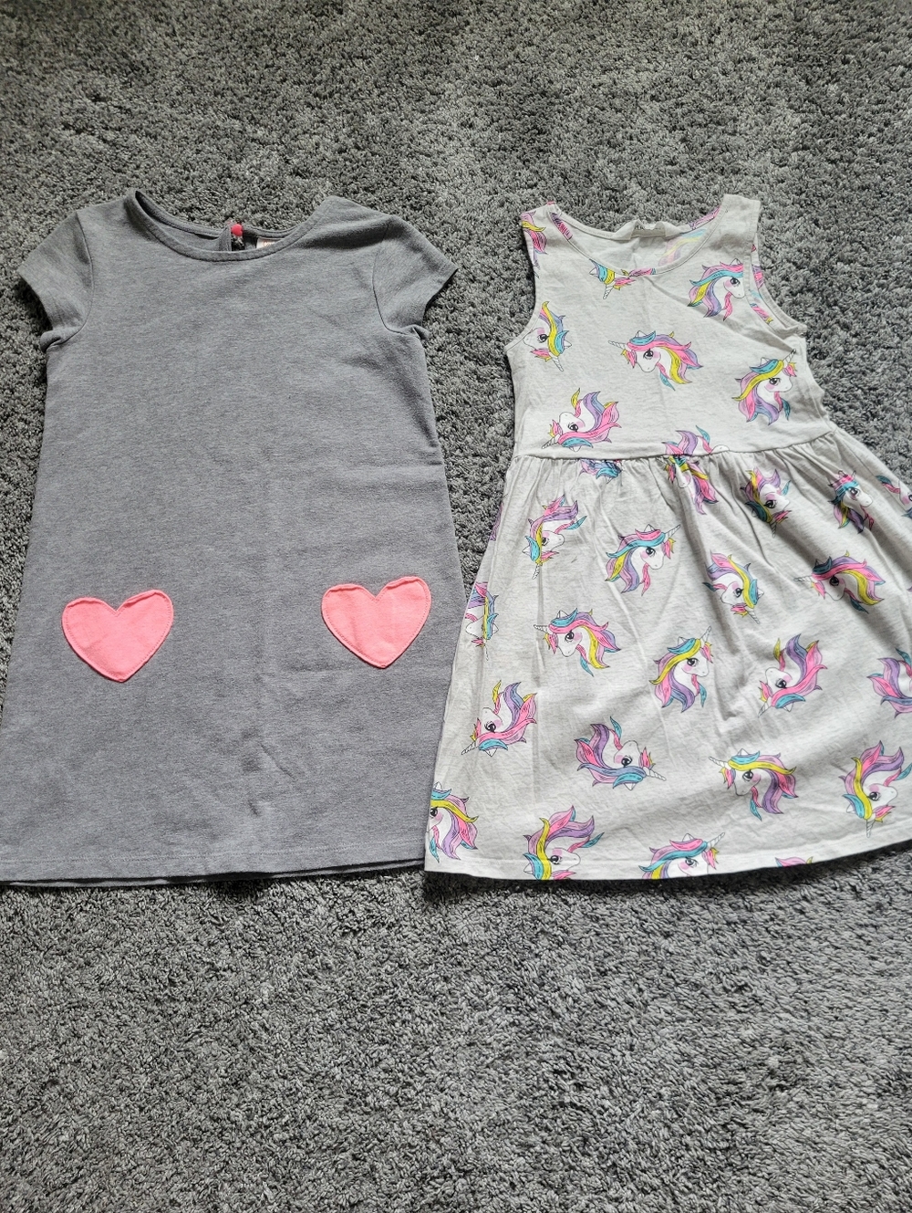 Girls' Gray & White Unicorn Dress & Gray W/ Pink Heart Accent Bundle Size 6x